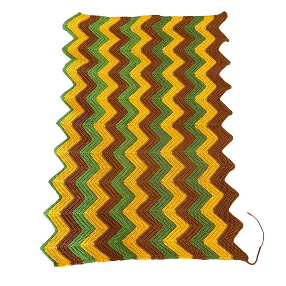 Handmade Other - VTG Knit Blanket Lap Partial 17"x36" Chevron Green Brown Yellow 70s Harvest Gold